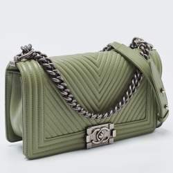 Chanel Pistachio Green Chevron Leather Medium Boy Flap Bag