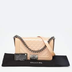 Pre Owned Chanel Peach/Pink Chevron Patent Leather Medium Boy Flap Bag