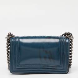 Pre Owned Chanel Blue Patent Leather Small Boy Bag