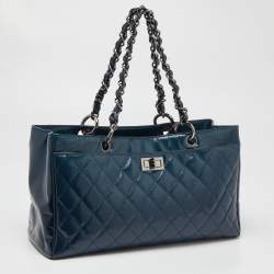 Pre Owned Chanel Blue Diamond Shine Quilted Leather Reissue Tote
