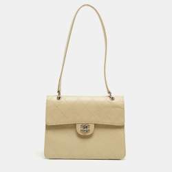 Pre Owned Chanel Light Beige Quilted Leather Classic Top Handle Bag
