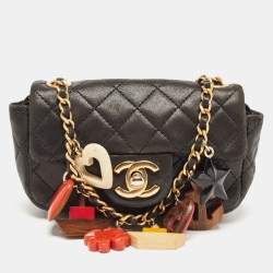 Pre Owned Chanel Black Quilted Leather Extra Mini Charms Classic Flap Bag