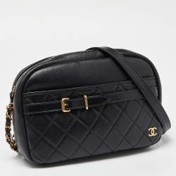 Pre Owned Chanel Black Quilted Leather Buckle Camera Case Bag