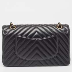 Pre Owned Chanel Black Chevron Lambskin Leather Medium Classic Double Flap Bag