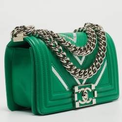 Pre Owned Chanel Green Small Iridescent Chevron Boy Bag