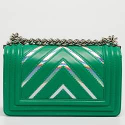 Pre Owned Chanel Green Small Iridescent Chevron Boy Bag