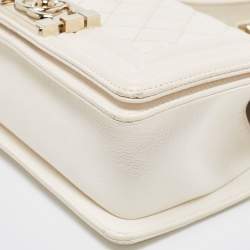 Pre Owned Chanel Off White Quilted Leather Small Boy Flap Bag