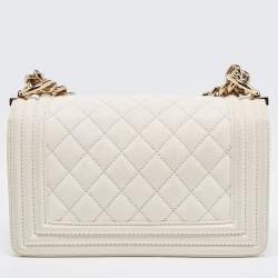Pre Owned Chanel Off White Quilted Leather Small Boy Flap Bag
