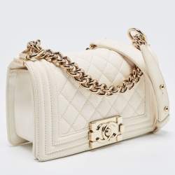 Pre Owned Chanel Off White Quilted Leather Small Boy Flap Bag