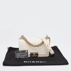 Pre Owned Chanel Off White Quilted Leather Small Boy Flap Bag