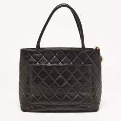 Pre Owned Chanel Black Quilted Leather Medallion Tote
