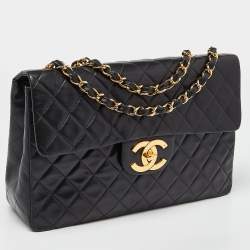 Chanel Black Quilted Lambskin Leather Maxi Vintage Classic Single Flap Bag