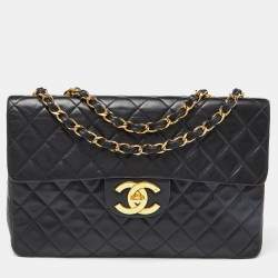 Chanel Black Quilted Lambskin Leather Maxi Vintage Classic Single Flap Bag