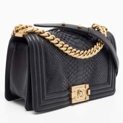 Pre Owned Chanel Black Python and Leather Medium Boy Flap Bag