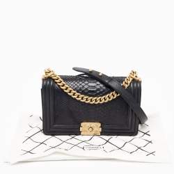 Pre Owned Chanel Black Python and Leather Medium Boy Flap Bag