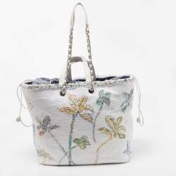 Pre Owned Chanel White/Multicolor Knitted Floral Fabric Large Drawstring Shopper Tote