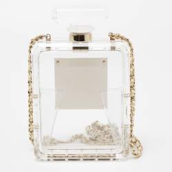 Pre Owned Chanel Clear/Gold Plexiglass Perfume Bottle Evening Bag