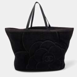 Pre Owned Chanel Black Cotton and Leather Camellia Terry Beach Tote w/ Towel