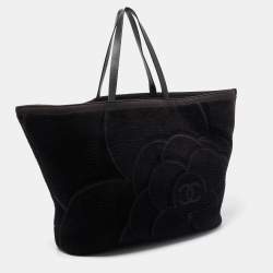 Pre Owned Chanel Black Cotton and Leather Camellia Terry Beach Tote w/ Towel