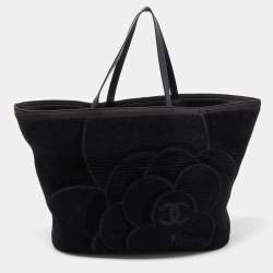 Pre Owned Chanel Black Cotton and Leather Camellia Terry Beach Tote w/ Towel