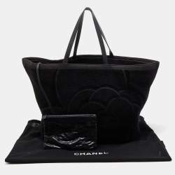 Pre Owned Chanel Black Cotton and Leather Camellia Terry Beach Tote w/ Towel