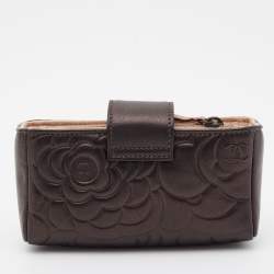 Pre Owned Chanel Bronze Leather Camelia Embossed Phone Pouch