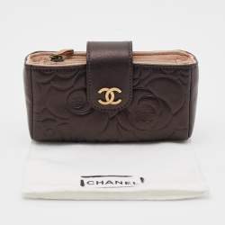 Pre Owned Chanel Bronze Leather Camelia Embossed Phone Pouch