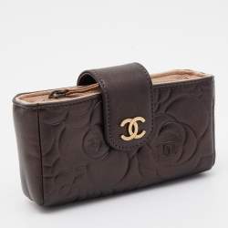 Pre Owned Chanel Bronze Leather Camelia Embossed Phone Pouch
