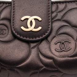 Pre Owned Chanel Bronze Leather Camelia Embossed Phone Pouch
