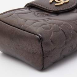 Pre Owned Chanel Bronze Leather Camelia Embossed Phone Pouch