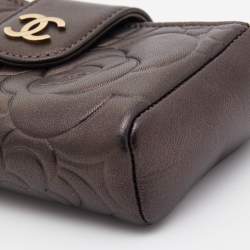 Pre Owned Chanel Bronze Leather Camelia Embossed Phone Pouch