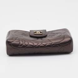 Pre Owned Chanel Bronze Leather Camelia Embossed Phone Pouch