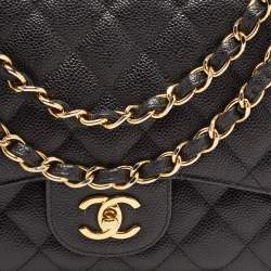 Pre Owned Chanel Black Quilted Caviar Leather Jumbo Classic Double Flap Bag