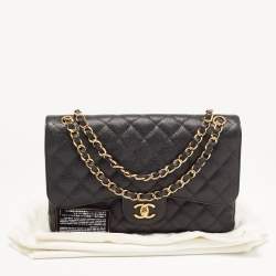 Pre Owned Chanel Black Quilted Caviar Leather Jumbo Classic Double Flap Bag