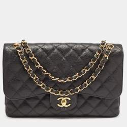 Pre Owned Chanel Black Quilted Caviar Leather Jumbo Classic Double Flap Bag