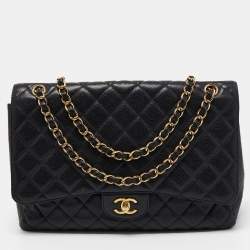 Pre Owned Chanel Black Quilted Caviar Leather Maxi Classic Single Flap Bag