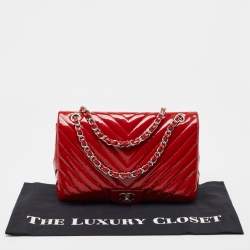 Pre Owned Chanel Red Patent Leather Chevron Jumbo Classic Flap Bag 