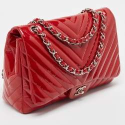 Pre Owned Chanel Red Patent Leather Chevron Jumbo Classic Flap Bag 