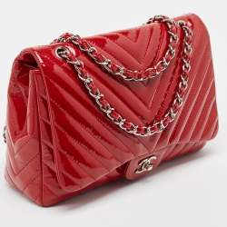 Chanel Red Patent Leather Chevron Jumbo Classic Flap Bag 