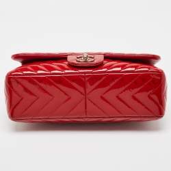 Pre Owned Chanel Red Patent Leather Chevron Jumbo Classic Flap Bag 