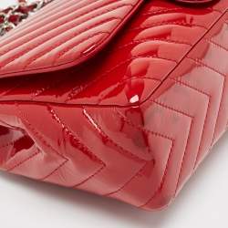 Pre Owned Chanel Red Patent Leather Chevron Jumbo Classic Flap Bag 
