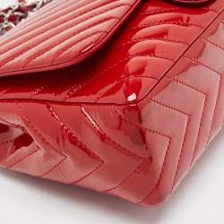 Chanel Red Patent Leather Chevron Jumbo Classic Flap Bag 