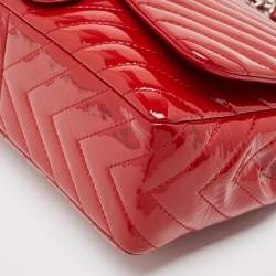 Chanel Red Patent Leather Chevron Jumbo Classic Flap Bag 