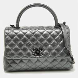 Pre Owned Chanel Metallic Grey Leather Medium Coco Top Handle Bag