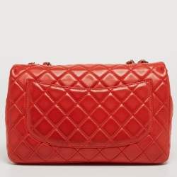 Pre Owned Chanel Red Quilted Lambskin Leather Jumbo Classic Single Flap Bag