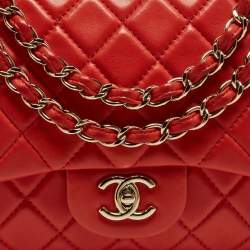 Pre Owned Chanel Red Quilted Lambskin Leather Jumbo Classic Single Flap Bag