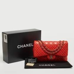 Pre Owned Chanel Red Quilted Lambskin Leather Jumbo Classic Single Flap Bag
