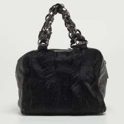 Pre Owned Chanel Black Leather And Calf Hair Boston Bag