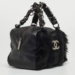 Pre Owned Chanel Black Leather And Calf Hair Boston Bag
