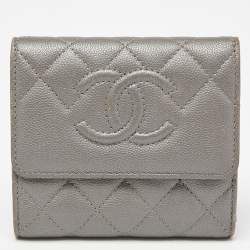 Chanel Silver Quilted Caviar Leather CC Trifold Wallet